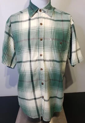 JanSport Mens Size Medium Short Sleeve Button Up Plaid Green White Pocket - Image 1 of 4