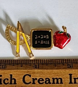 Vintage Math Arithmetic Teacher Brooch Compass Pencils Apple Blackboard Gift - Picture 1 of 3