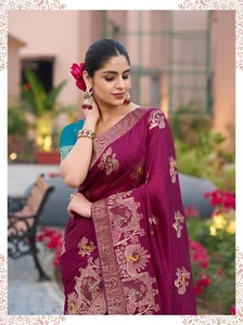 Wine Woven Dola Silk Wedding Women's Saree, Zari Work, Meenakari, Swarovski Work - Picture 1 of 17