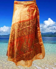 Boho Gypsy Wrap Skirt Honey Gold Beach Skirt Recycle Silk Wrap Dress For Women