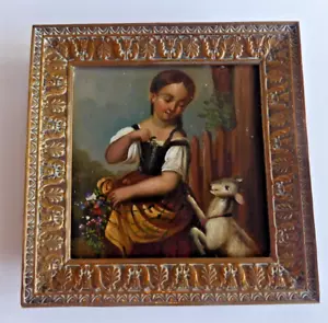 ancien Miniature Peinture sur étain ? Cadre en laiton 19eme antique painting - Imagen 1 de 10