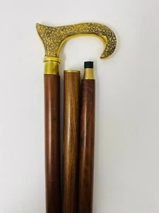 Wooden Walking Stick Derby Design Golden Brass Head Vintage Antique Rare Cane - Picture 1 of 7