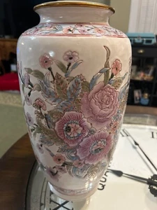 15” Vintage Rose Floral Gold Trim Macau Vase Design Etched Then Glazed - Picture 1 of 4