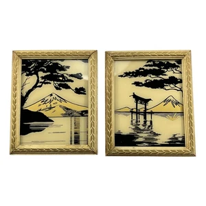 Vintage Rückseite bemalt auf Glas Silhouette Mount Fuji von Reliance 2er Set - Bild 1 von 10