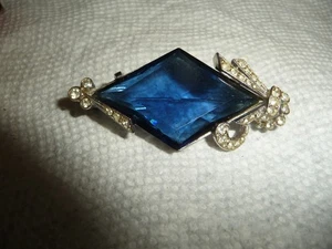 REPRO ART DECO BLUE STONE W RHINESTONES 2 1/2'' L X 1 1/4'' W BROUCH PIN #26 30 - Picture 1 of 6