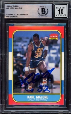 Fleer RC 68 Utah Jazz Auto GM 10 Beckett #15496646 firmado por Karl Malone 1986-87 Foto 1 de 2