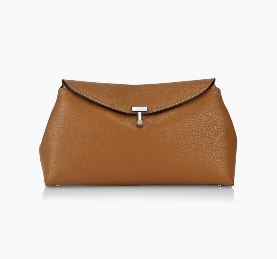 Bolso de Mano TOTEME T-Lock Cuero Grano Guijarro Hecho en Italia NUEVO Tostado Camel Foto 1 de 4