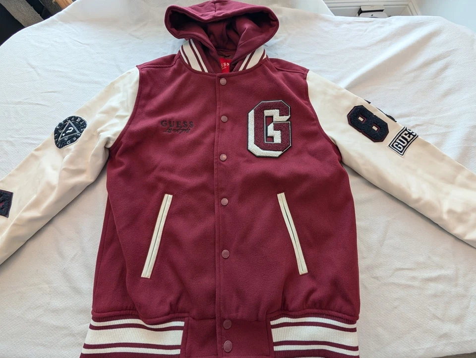 Guess Georges Marciano Varsity Letterman Jacket Sz S ~Maroon & White~ZipOut Hood - Image 1 of 4