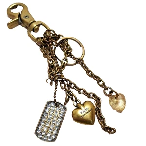 KATHY VAN ZEELAND VINTAGE HEAVY METAL KEYCHAIN CHARM BRASS TONE HEART RHINESTONE - Picture 1 of 18