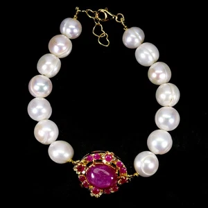 925 Sterling Silver Bracelet Oval 6 Rays Star Ruby 12x10mm Pearl Gemstone 7.5in - Picture 1 of 13