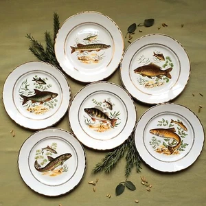 Six Vintage Fish Plates by Moulin des Loups. French Fish Dinnerware Set. - Picture 1 of 11