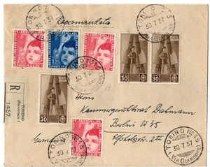 Regno , 1937 , COLONIE ESTIVE , raccomandata multicolore per Berlino, v. Diena - Foto 1 di 2
