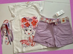 NWT 7 Gymboree “CHERRY BLOSSOM” Cotton TOP, CUFFED SHORTS & HAIR 3pc Outfit SET - Picture 1 of 6