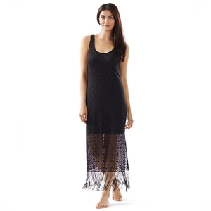 GOTTEX L Black Crochet Mesh Fringed Maxi Dress Swim Resort Coverup NWT - Picture 1 of 8