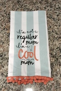 Blue & White Striped Cotton Kitchen Towel COOL MOM Transfer, Embroidery, Pom Pom - Picture 1 of 9