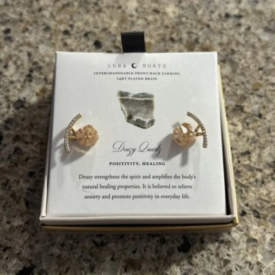 Luna Norte Druzy Quartz 14KT Plated Brass Jacket Earrings~Positivity Healing~NIB - Image 1 of 4