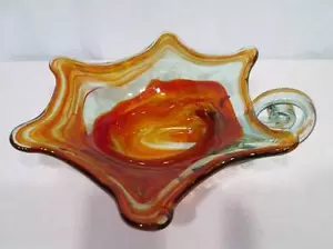 Vintage Murano Kunst Glas orange rot klar 6 Punkt Schale Wirbelgriff Mid Century - Bild 1 von 12