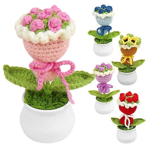 1pc Crochet Flower Bouquet Handmade Knitted Yarn Flower With Pot Gift - Picture 1 of 17