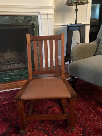 MISSION ARTS & CRAFT CHILD'S ROCKER/ROCKING CHAIR Oak & Leather seat, VG Cond Cover