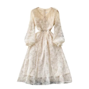 Ladies Sequin Floral Lace Midi Dress Long Sleeve Fit Flare Elegant Party Prom - Picture 1 of 11