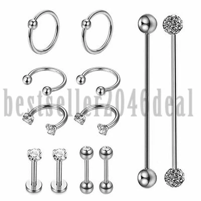 Pendientes de barra industriales de acero inoxidable de 12 piezas con circonita cúbica aro hélice Tragus Labret piercing Foto 1 de 4