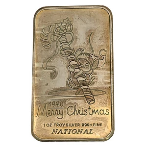 1990 Merry Chrismas Vintage Collection 1 oz Fine Bar .999 Fine Silver - Picture 1 of 2