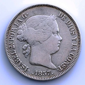 SC-Spain-Isabel II. 20 Reales 1857 Madrid. Plata 26 g. ESCASA - Imagen 1 de 2