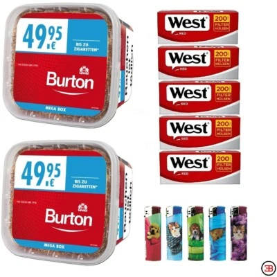 2x Burton Red MEGA BOX 270g Eimer Stopftabak Rot + 1000 Hülsen + 5 Feuerzeuge - Bild 1 von 3