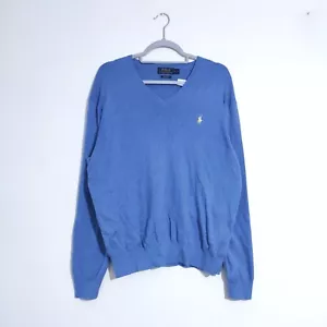 Polo Ralph Lauren Men's Blue V-Neck Jumper Size L Preloved 100% Pima Cotton - Picture 1 of 12
