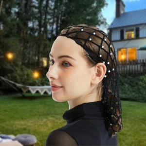 Handcraft Silk Crochet Snood Hat Ethnic Hair Net For Women With Pearls Decors - Picture 1 of 12