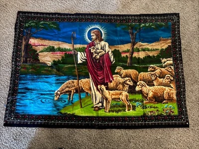 VTG Jesus With His Flock Shepard Wall Hanging Tapestry Mural 52 X 32 Vivid Color - Image 1 of 3