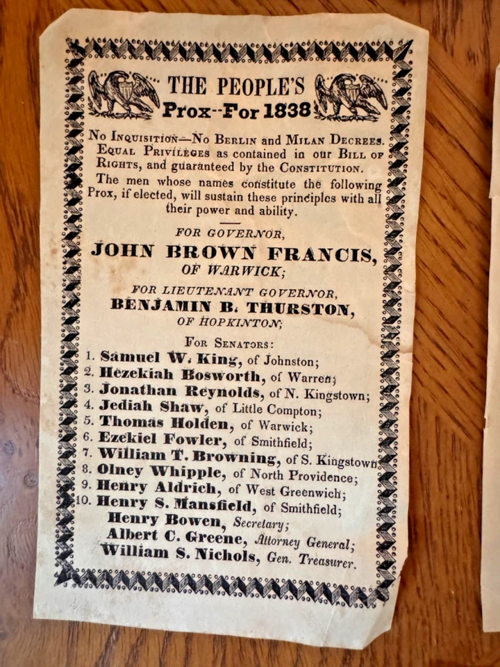 1838 Rhode Island Senator Gov Political Election Handbill :The Peoples Prox" - Image 1 of 1