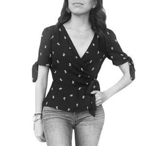 Papermoon schwarze Wickelbluse Damen Größe Small weiß Palmenmuster Schößchen Oberteil - Bild 1 von 9