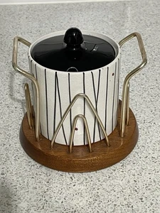 BLACK & WHITE CROWN DEVON x WYNCRAFT ATOMIC JAM POT IN TEAK & METAL HOLDER 1950s - Picture 1 of 9