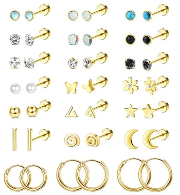 21Pairs Surgical Steel Flat Back Earrings Hypoallergenic 20G Screw Back Nap S... - Image 1 of 4