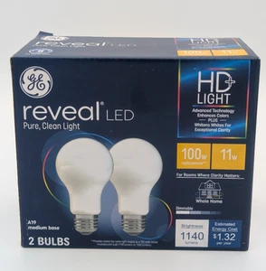 GE Reveal LED HD+ Light Bulb A19 Med Base 1140 Lumens 11W 100W Equivalent 2 Pack - Picture 1 of 4