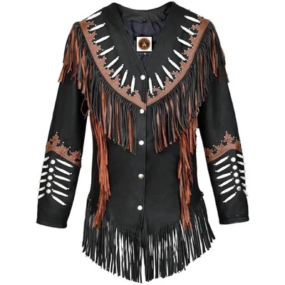 Women’s Western Fringe Leather Jacket – Handcrafted Cowgirl Style with Beads & B - Image 1 of 4