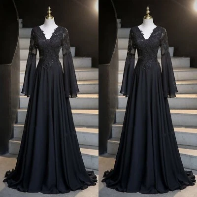 Gothic Black Wedding Dress V-Neck Long Sleeve Lace Appliques Bridal Gown - Image 1 of 4