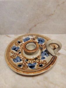 Studio Art Pottery Candlestick Holder Blue And Tan Artist signed Humphrey  - Picture 1 of 5