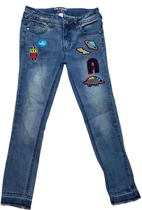 Cat & Jack Super Skinny Jeans Medium Blue w/Patches & Unfinished Hem Size 7 - Picture 1 of 7