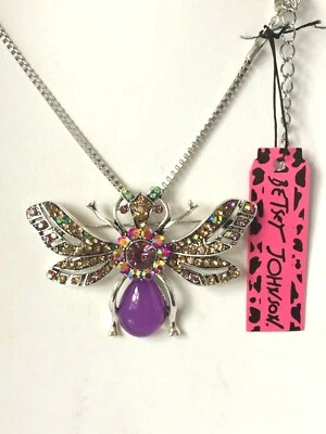 COLLAR COLGANTE BROCHE BETSEY JOHNSON CRISTAL PÚRPURA ABEJA PLATEADO Foto 1 de 2