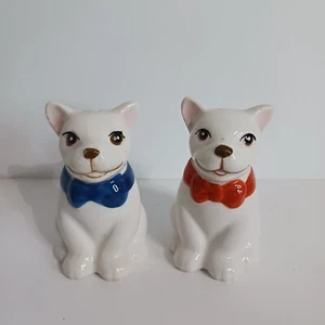 Vintage Ceramic Puppy Dog Salt and Pepper Shaker Set - White Pups with Bow Ties - Picture 1 of 6