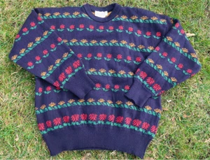 Vintage Glencloft Mens Crew Neck Sweater - Size XL, Knitted Floral Design - Picture 1 of 3