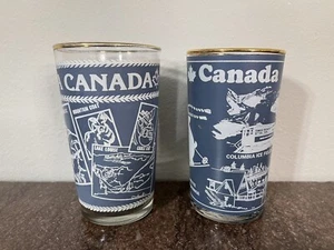 Set 2 bicchieri vintage blu smerigliato canadese souvenir tè nocciola Atlas anni 60 - Foto 1 di 9