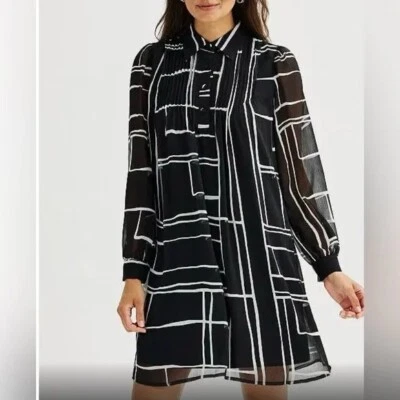 Nine West Women's Swing Pintuck Dress Petite PXS Black Pleated Shift Long Sleeve - Image 1 of 4