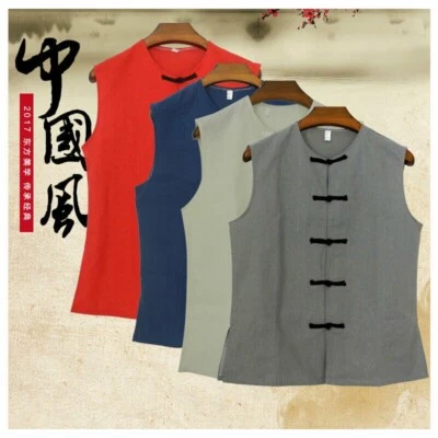 Mens Chinese Kung Fu Tang Suit Vest pants Tai Chi Uniform Costume Sets Tank tops - Image 1 of 4