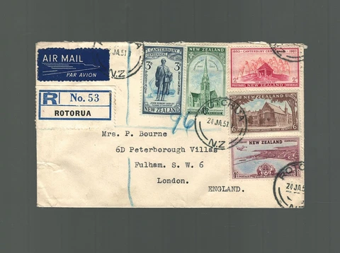 New Zealand Airmail Cover Rotorua to London England 1952 Complete Set SG 703-707 Cover