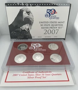 2007 US MINT 50 STATE QUARTERS SILVER PROOF SET WITH BOX AND COA / 5 QUARTERS - Picture 1 of 7