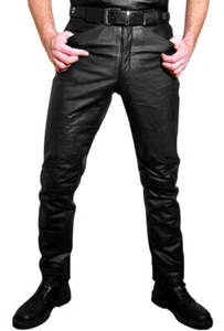 Leather Pants Men Pant Trousers Slim Biker Fit Men's Jeans Style Real Black 42 - Picture 1 of 4
