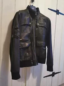 Reiss Mens Jacket Medium Black Leather Bloomsbury Biker Trucker Bomber Coat - Picture 1 of 23